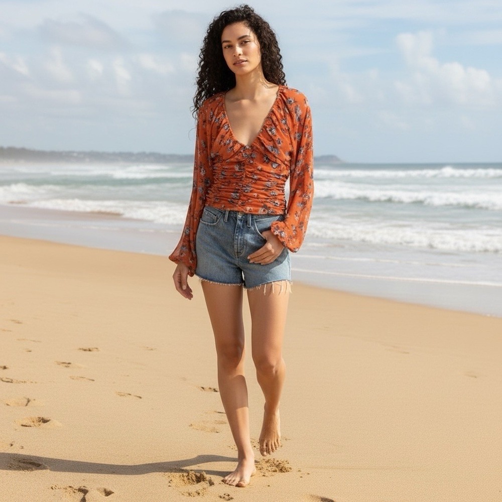 Free People Rust Floral Combo Final Rose Smocked V-Neck Blouse Size Medium